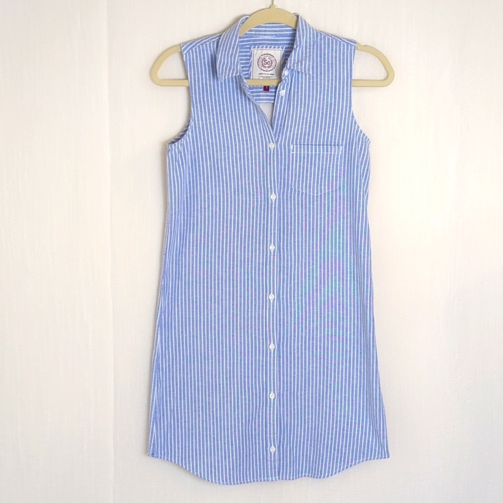 SO Blue and White Casual Button Down Shirt Dress X Small